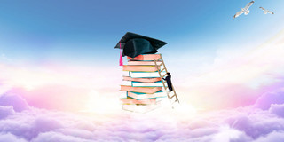 青春加油蓝色紫色场景毕业帽书堆天空云海高考冲刺高考加油展板背景高考加油高考冲刺背景